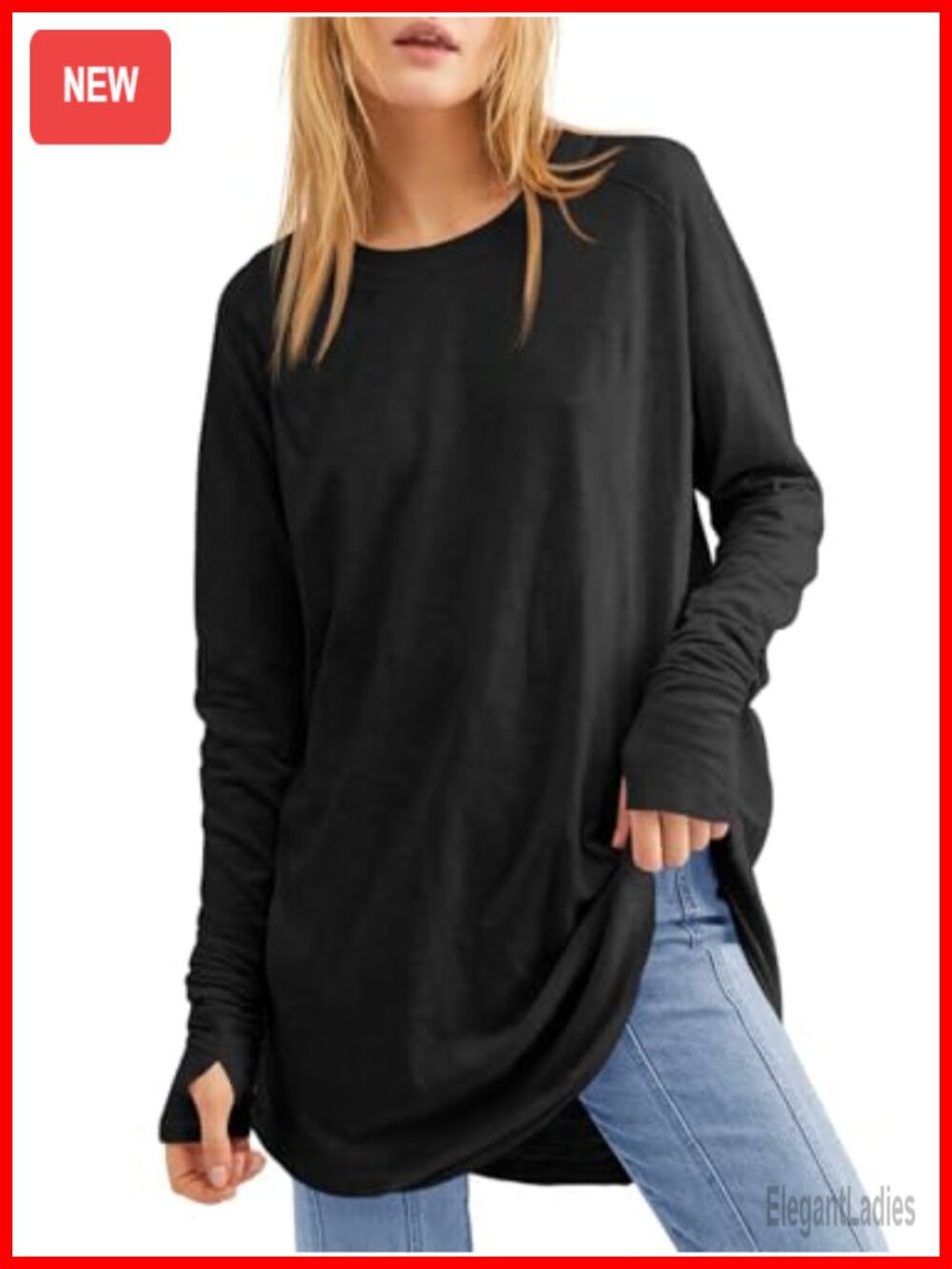 Womens Long Sleeve Tunic Top Thumb Holes Loose Fit T-Shirt Casual